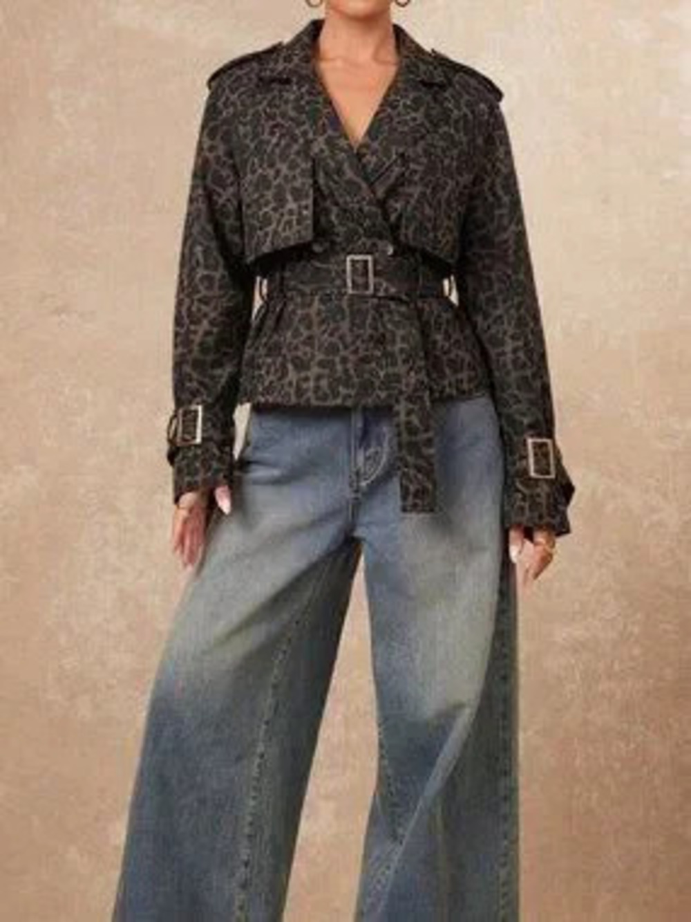 Multicolor Elegant Women's Leopard Print Cropped Trench Jacket